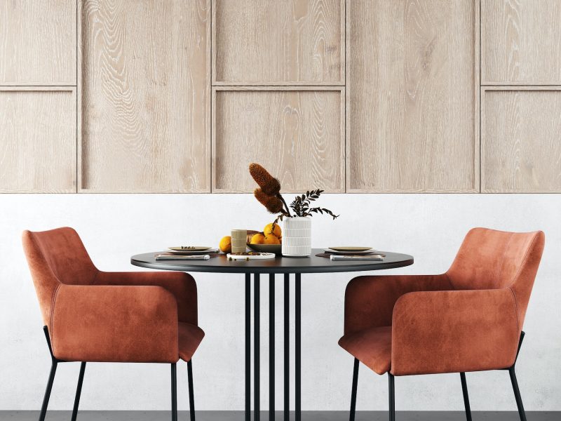 Interior design of modern Scandinavian dining room, 3d render